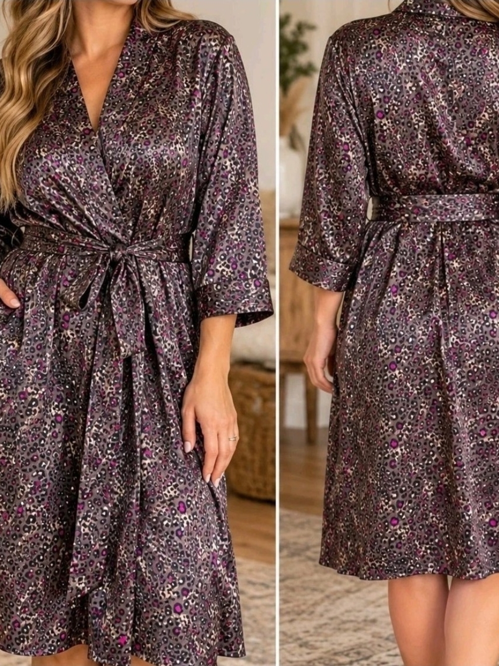Cabernet Purple Leopard Satin Wrap Robe with Belt